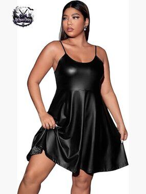 Plus Size PU Leather Flared Hem A-Line Cami Dress Spaghetti Strap